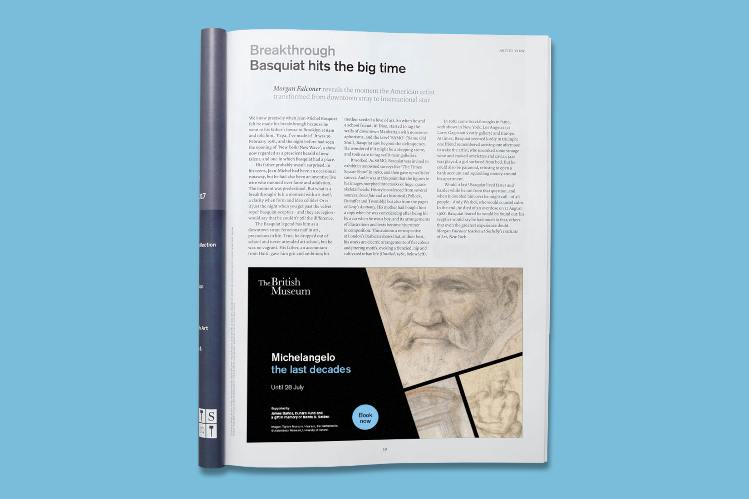 Top-down photo of a magazine ad